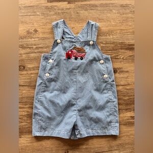 Blue Gingham Jon Jon Shortall with Dump Truck Embroidery and Button Detail
